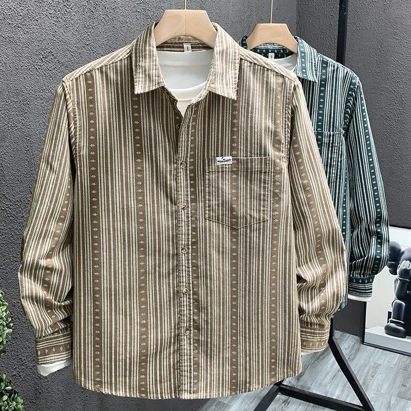 

Модная рубашка с полосатым принтом, мужская, весенне-осенне-летняя, топ, повседневная, универсальная рубашка L коричневый