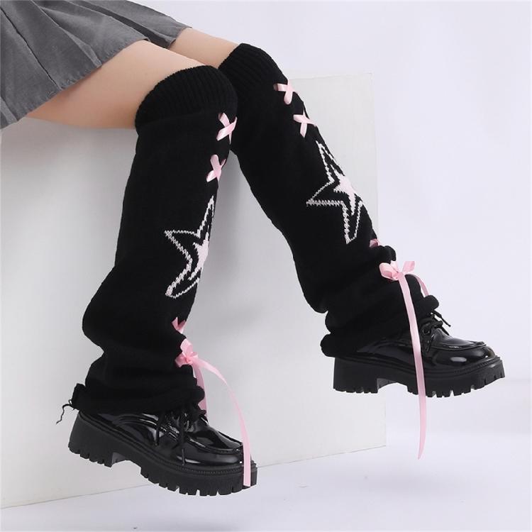 Women's Knitted Leg Warmers with Star Pattern and Ribbon Ties Harajuku Fairycore Flared Foot Covers Footless Long Socks