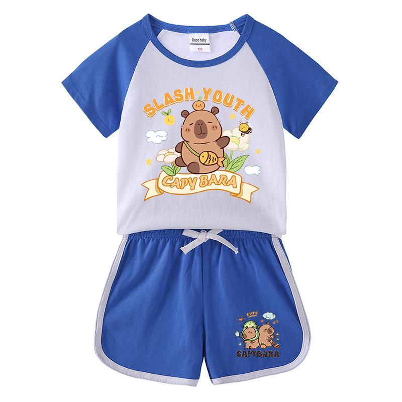 Kids' Summer Color Block Two-Piece Set: Casual T-shirt & Shorts