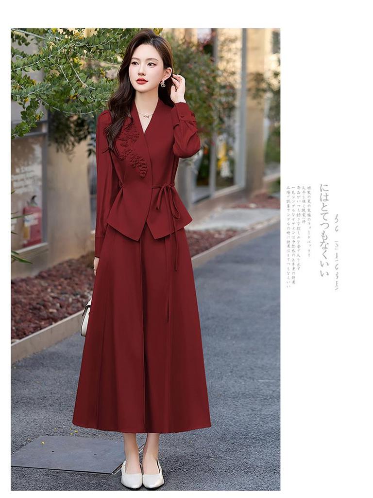 Red Elegant Women's Suit Set: Chic Waist-Slimming Shirt & Midi Skirt for Spring/Autumn 2025.