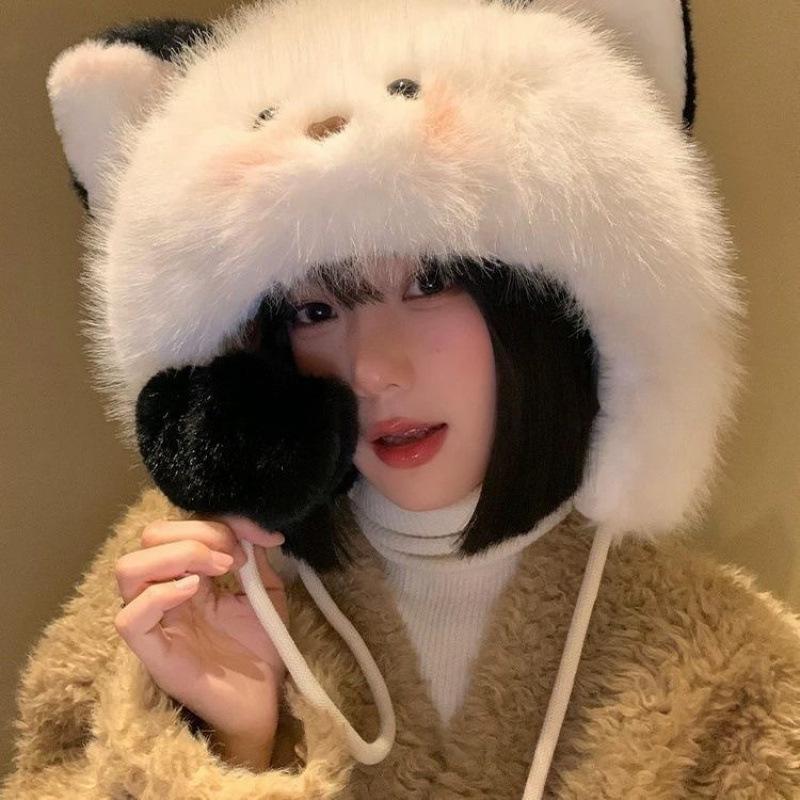 Cute Blush Kitten Ears Plush Hat Women's Autumn and Winter Furry Warm Ear Protection Hat Showing Face Small Hat