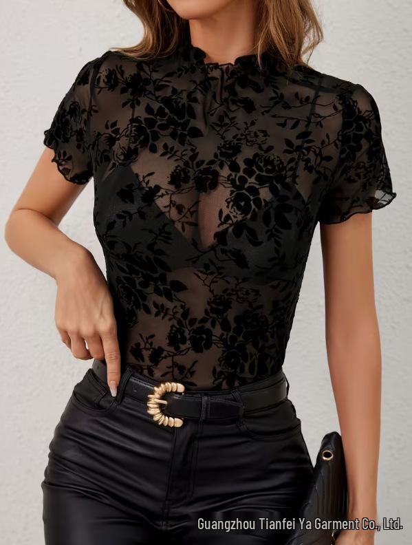 2025 Trendy Sheer Mesh Stand-Collar Top - Women's Sexy No-Bra Base Layer Tee