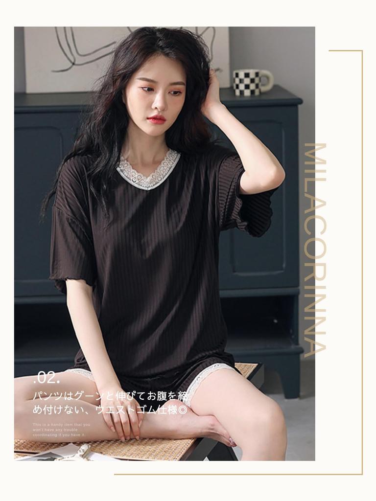 Ice Silk Short Sleeve Top and Bottom Large [MilaCorinna] Women's Pajamas, Ruffled, Lace, Cool, Roomwear, Thin, Top, Shorts, Set, Breathable,