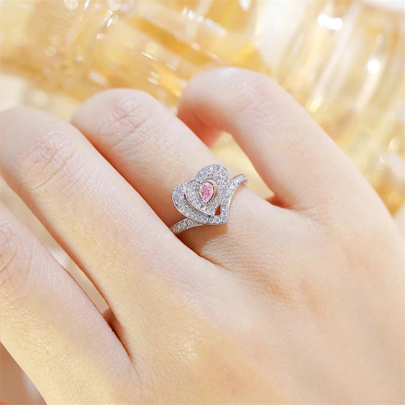 Korean Elegant Pink Heart Water Drop Zirconia Princess Ring for Women Adjustable