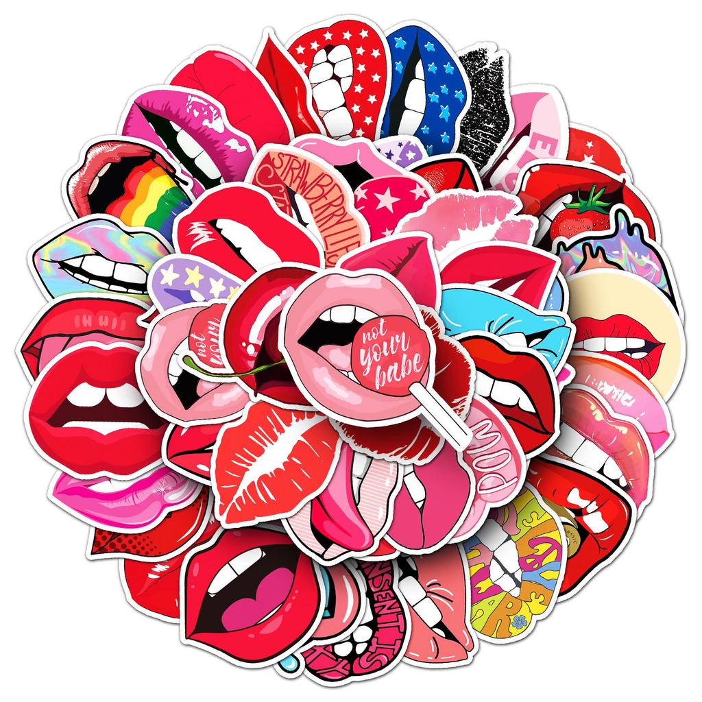 50pcs Sexy Creative Waterproof Lip Stickers for DIY Color Painting, Bicycle, Journal, Luggage Decoration