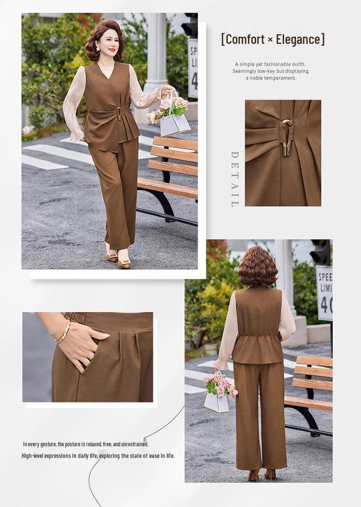 Mother's Plus Size Spring 2026 Two-Piece Set: Short Shirt with Spliced Long Sleeves for Middle-Aged and Elderly Women’s Elegant Style.