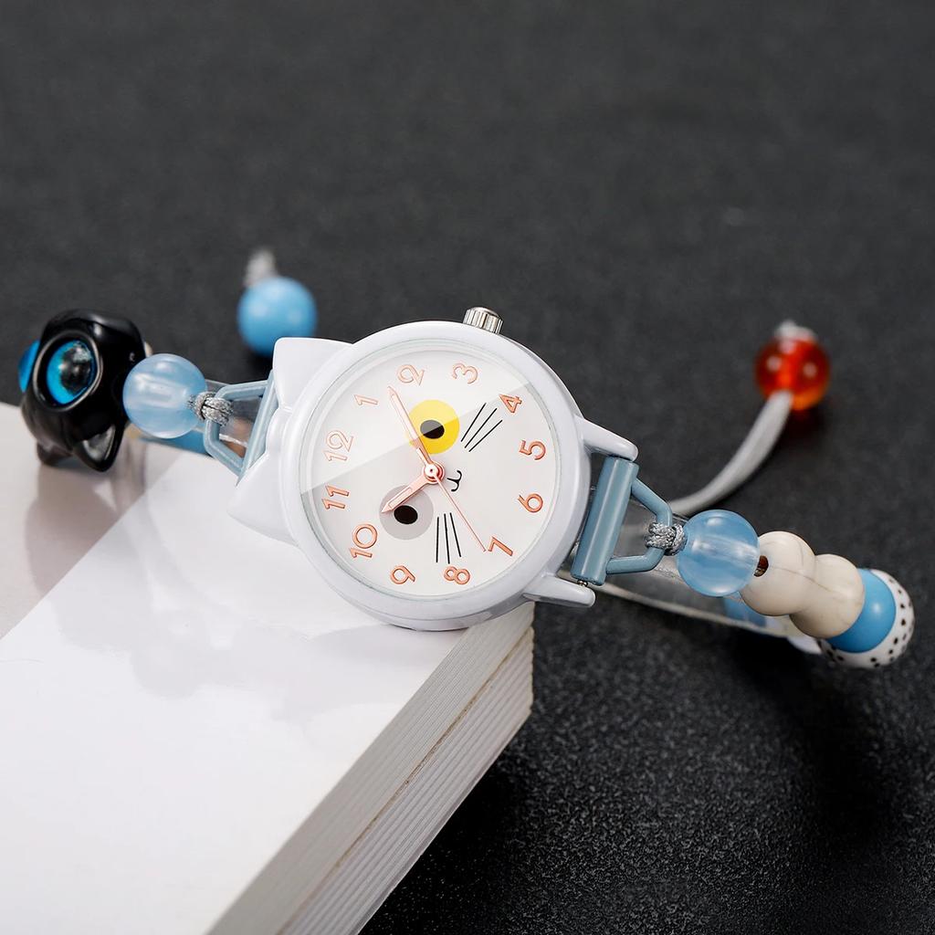 Lovely Cat Dial Women Quartz Watch Adjustable Beadeds Bracelet Wristwatches Relogio Feminino Students Clock (Without Box)