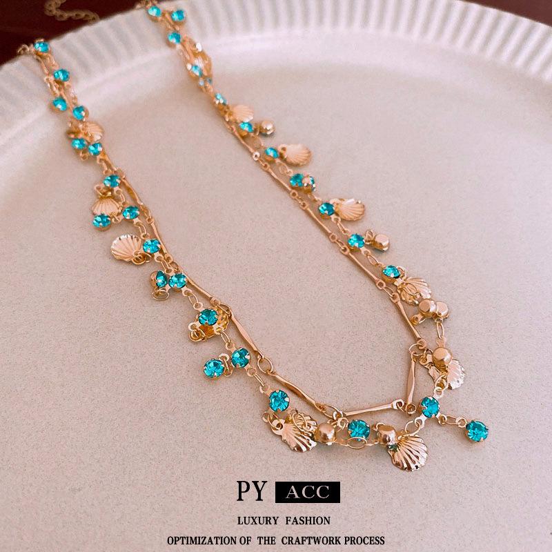 

Blue Love Double Layer Rhinestone Tassel Necklace - Retro Clavicle Chain, Light Luxury Jewelry for Women