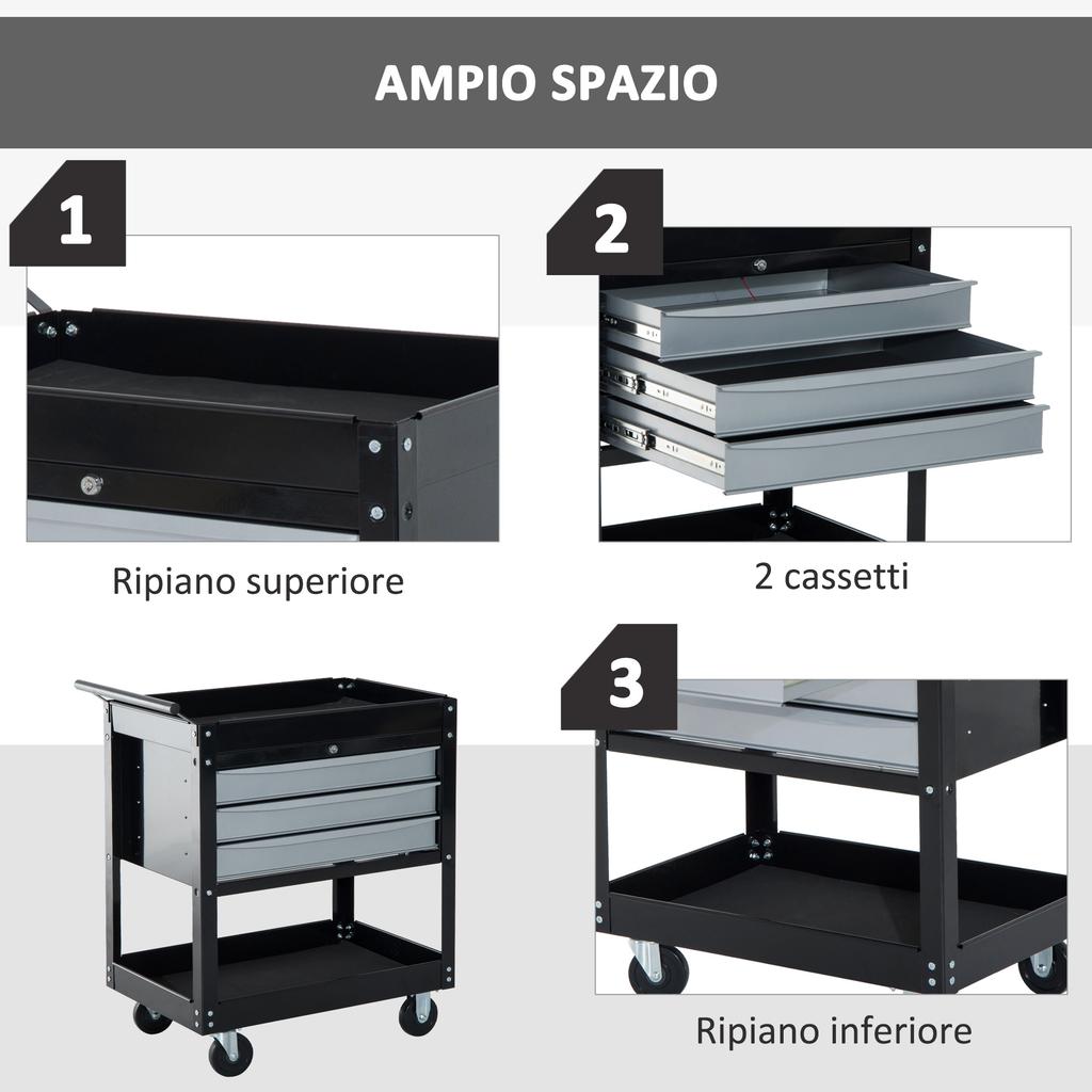 Professional Workshop Trolley Tool Chest Cabinet in Sheet Metal, Black, 68 x 46 x 88cm
