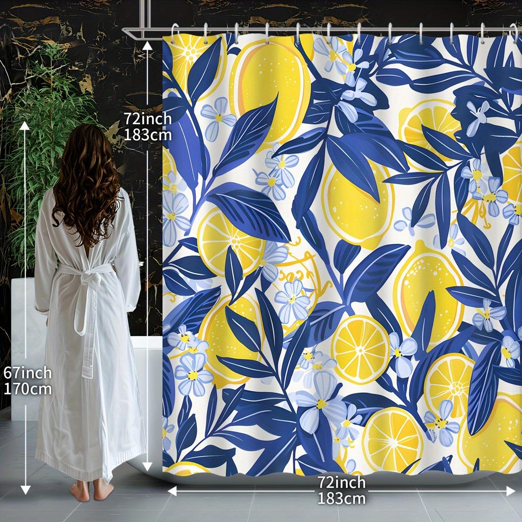 A Citrus Bliss Shower Curtain: Brighten Up Your Bathroom with This Vibrant Design Featuring Juicy Lemons, Deep Blue Leaves