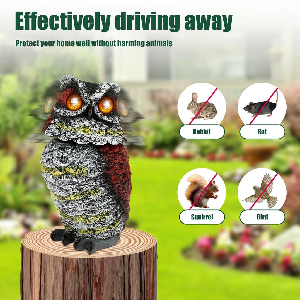 1/2Pcs Solar Owl Decoy Resin Pigeon Deterrent Owl Statue with Flashing Eyes and Rotating Head Garden Bird Scarer for Yard Lawn