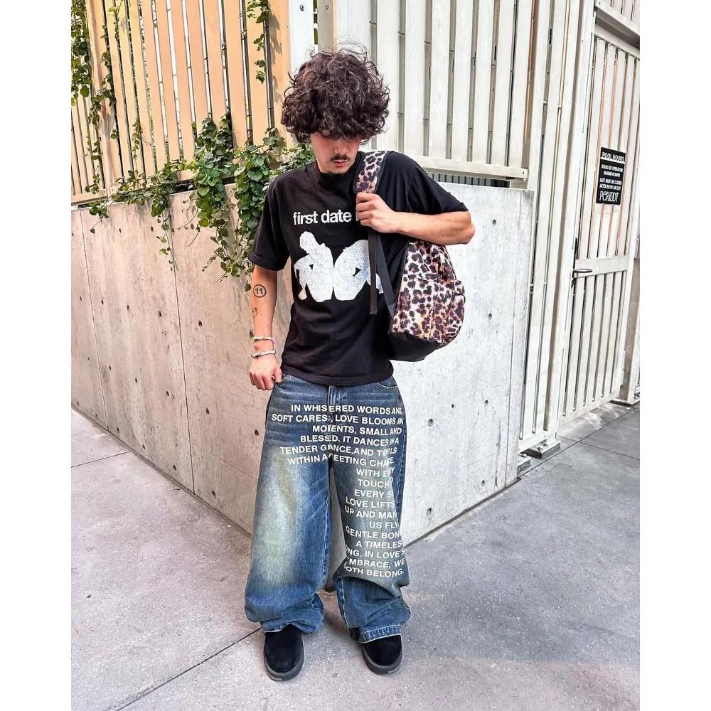 RogueWave Y2K Jeans Vintage American Pattern Letter Jeans Streetwear Gothic Harajuku Hip Hop Men Women Fashion Casual Wide Leg Jeans