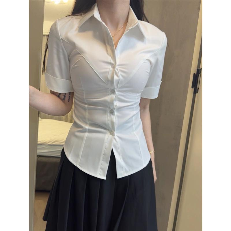 Women's Slim-Fit Waist-Cinching Academic Style White Shirt - Long/Short Sleeves, Ideal for Autumn/Winter