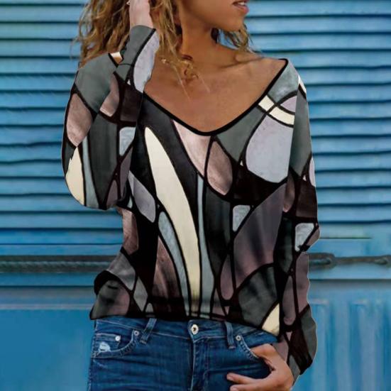

Осенний топ с принтом V-образным вырезом плюс размер женская блузка с длинными рукавами на осень
