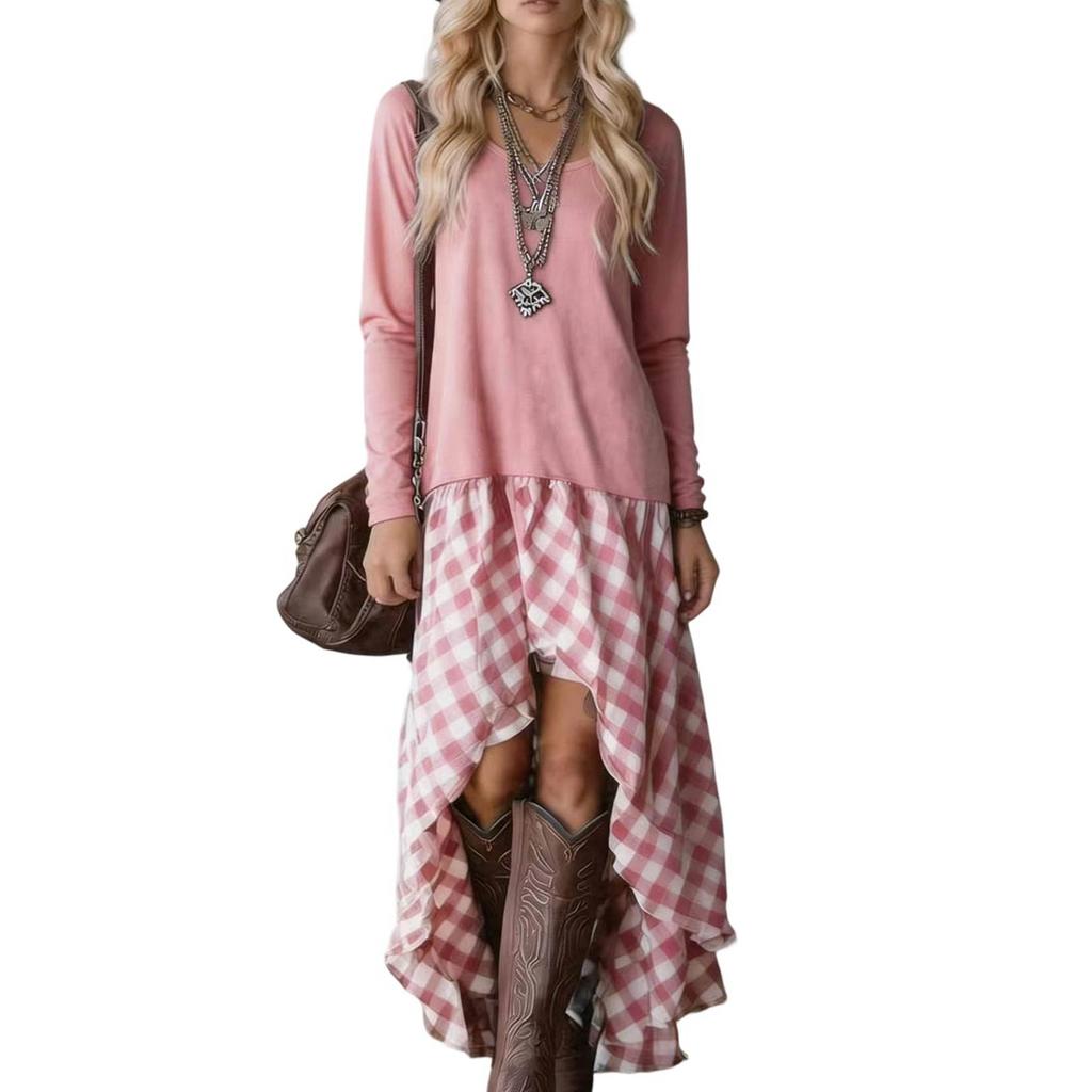 Women's Long Sleeve Bohemian Dress with Plaid Patchwork and Asymmetric Hem for Spring and Fall
