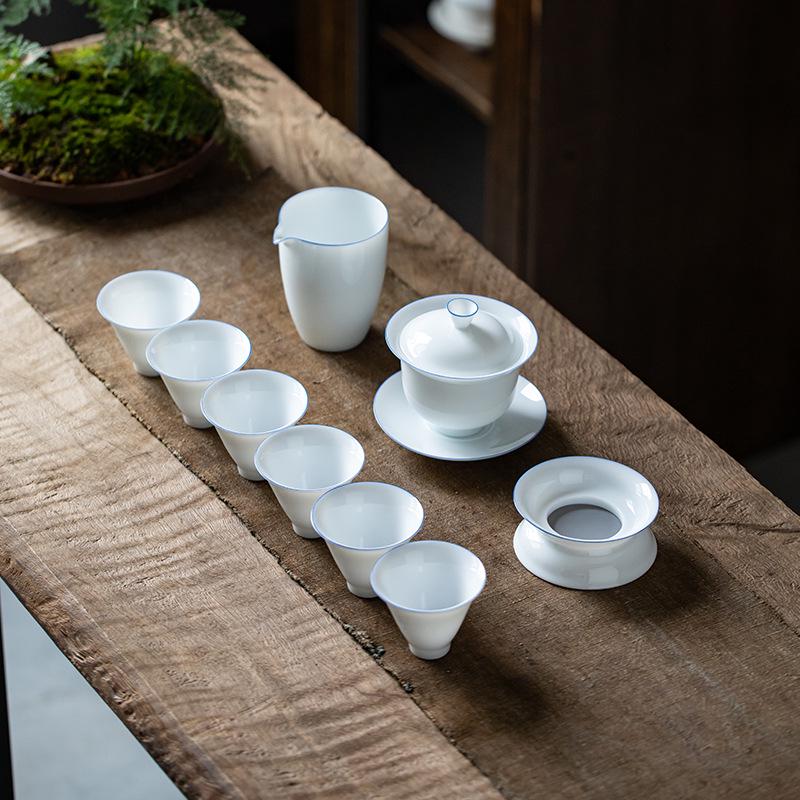 Minimalist White Jade Porcelain Kung Fu Tea Set: Handmade Teacups & Gaiwan Business Gift