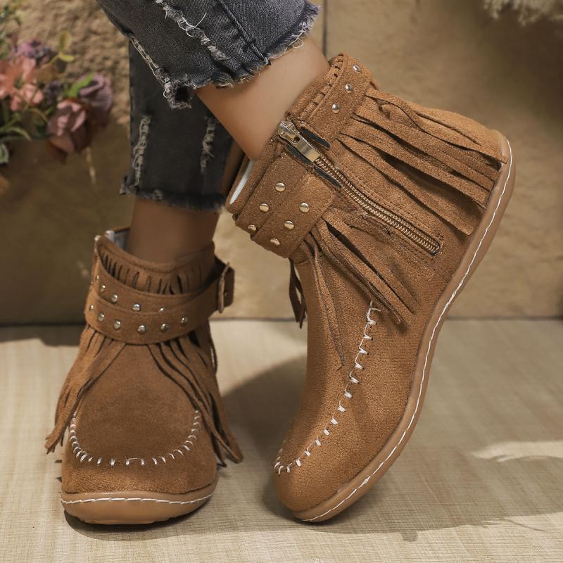Fashion Bohemia Fringed Metal Rivet Buckle Decoration Riding Boots Women 2025 Winter Suede Flat Heel Ankle Boots Fashion Side Zip Shoes