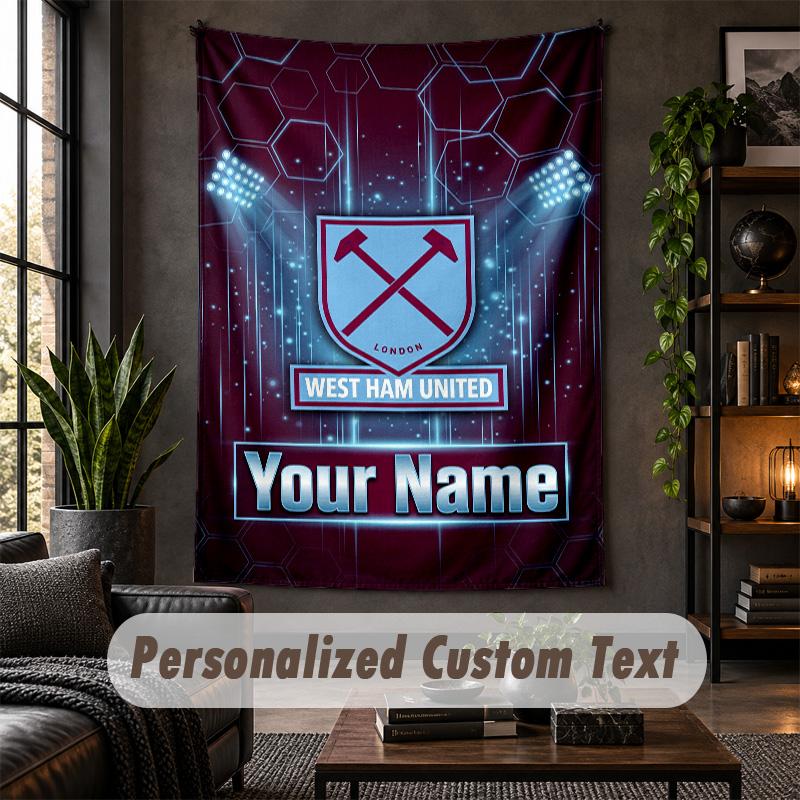 Personalisierte Wandteppich, West Ham United FC Benutzerdefinierter Text, Weicher Stoff Wandkunst Für Innenraumdekoration