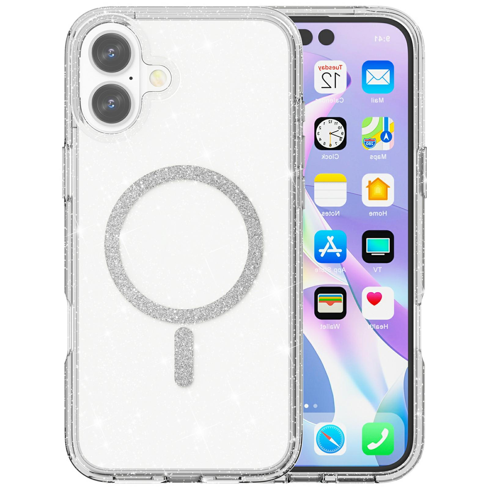 

For iPhone 16 Phone Case Compatible with MagSafe Glitter PC+TPU Hybrid Shockproof Cover White
