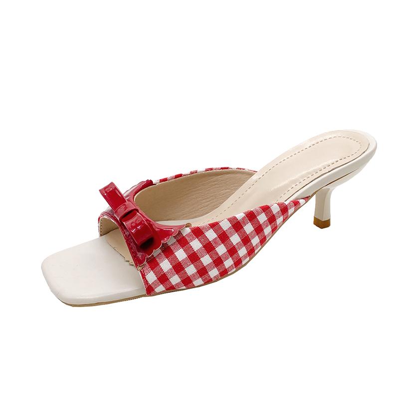 Fashion Design Shoes Retro Plaid Bow Sandals Kitten Heels French Style Peep Toe Shoes Mixed Color Sweet and Cute Women's Vocation Shoes