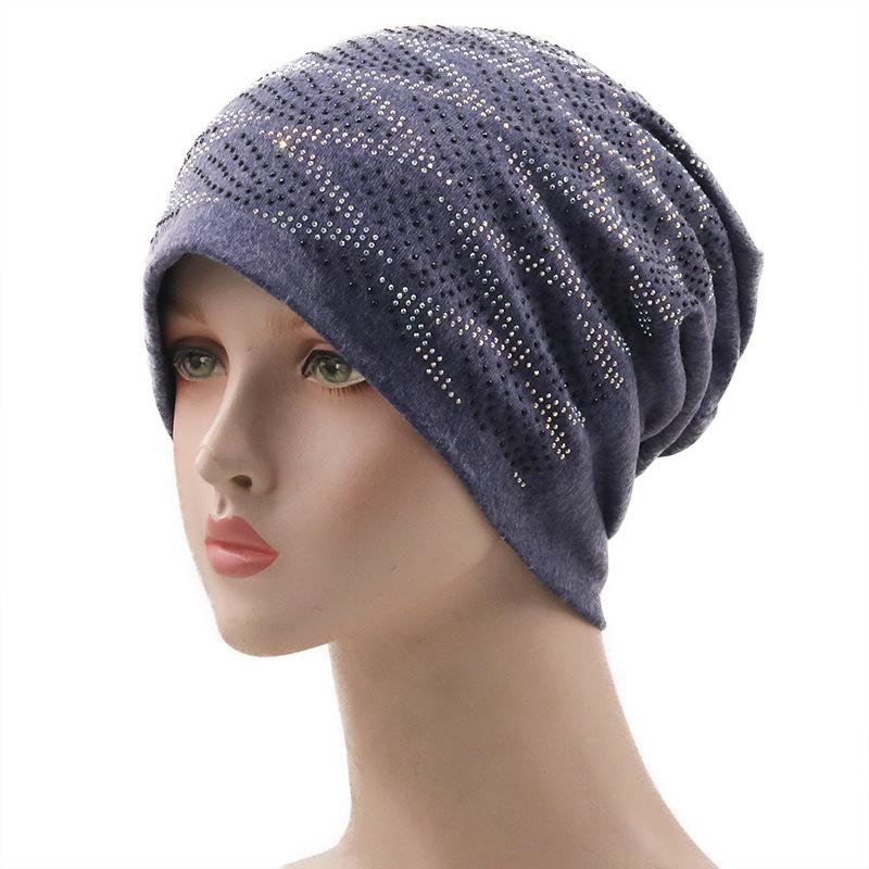 Autumn and winter fashion rhinestone hat women's stack hat pure cotton casual pullover hat ear protection outdoor bag head hat manufacturer