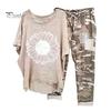 Set de 2 pantaloni de top pentru femei, cu gât rotund, imprimeu cu flori de camuflaj, tiv neregulat, mâneci scurte, snur liber, talie elastică, set de pantaloni de tricou damă
