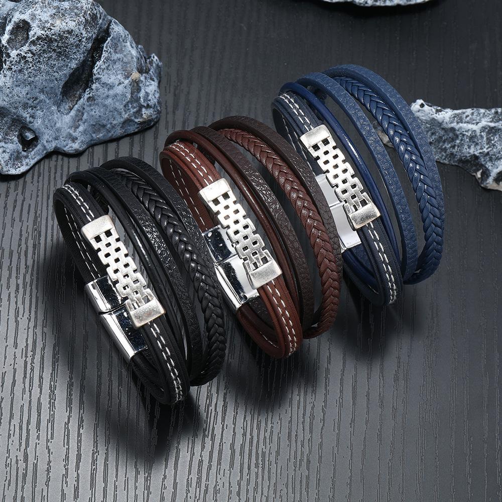 Vintage Multi Layer Magnetic Clasp Handwoven Genuine Leather Bracelet Cuff For Men Fashion Accessory