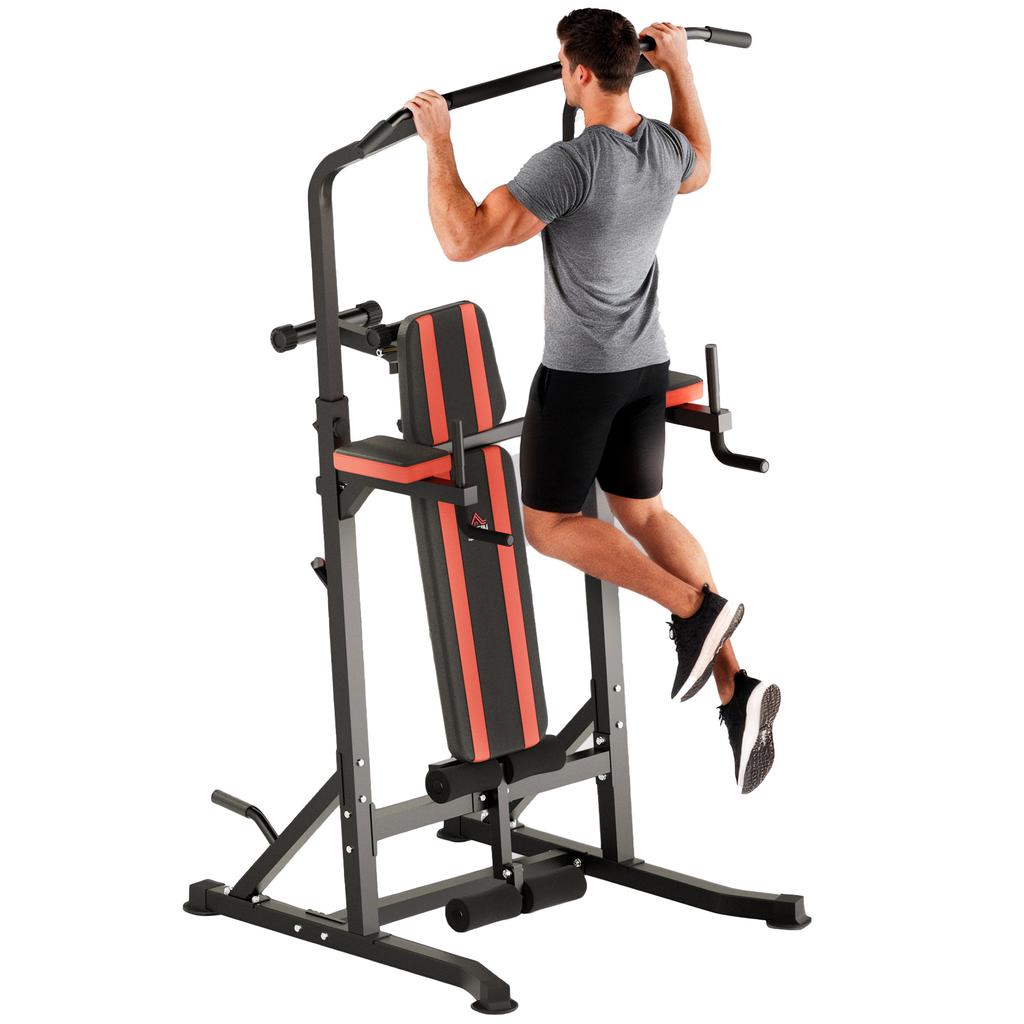 Folding Power Tower, Multifunction Fitness Station Adjustable In 7 Positions with Pull-Up Bar, Dip Station, Pull UP Station and Flat Bench In Steel
