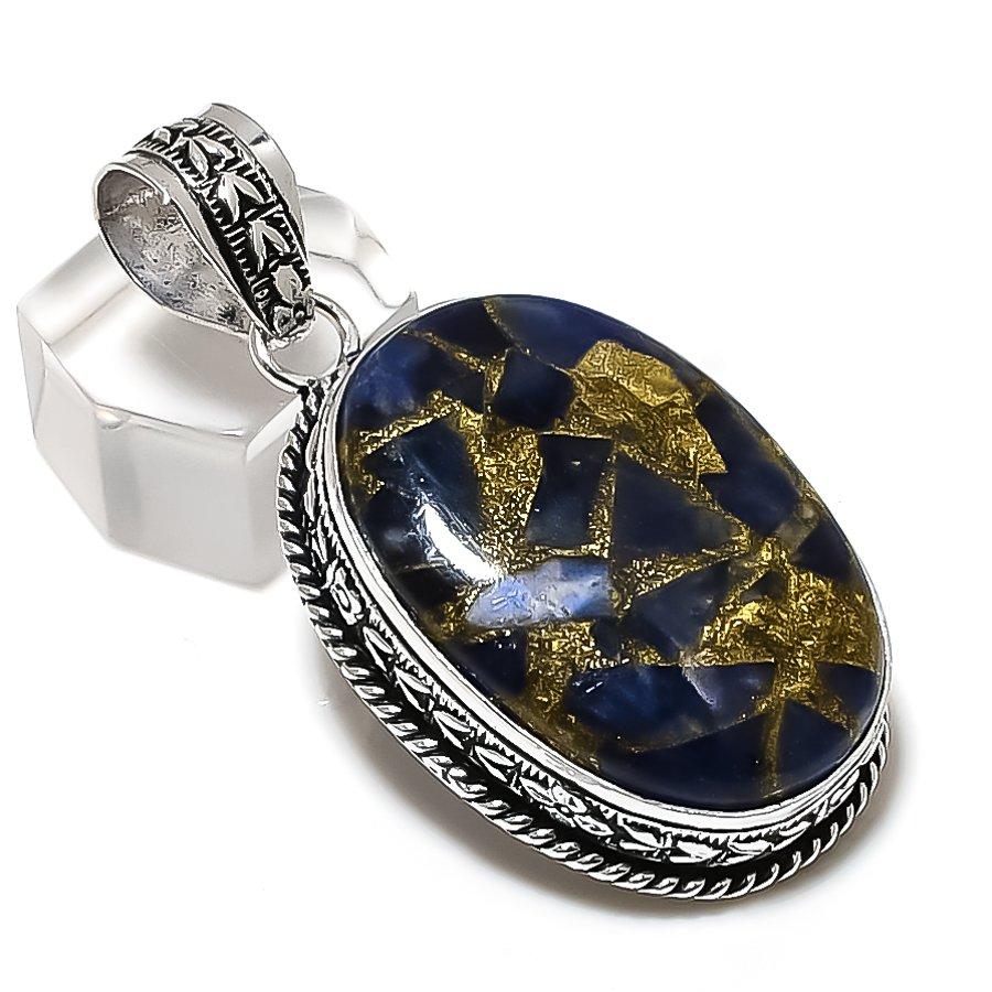 Natural Copper Sodalite Gemstone Handmade 925 Sterling Silver Pendant 2.13" P7v46