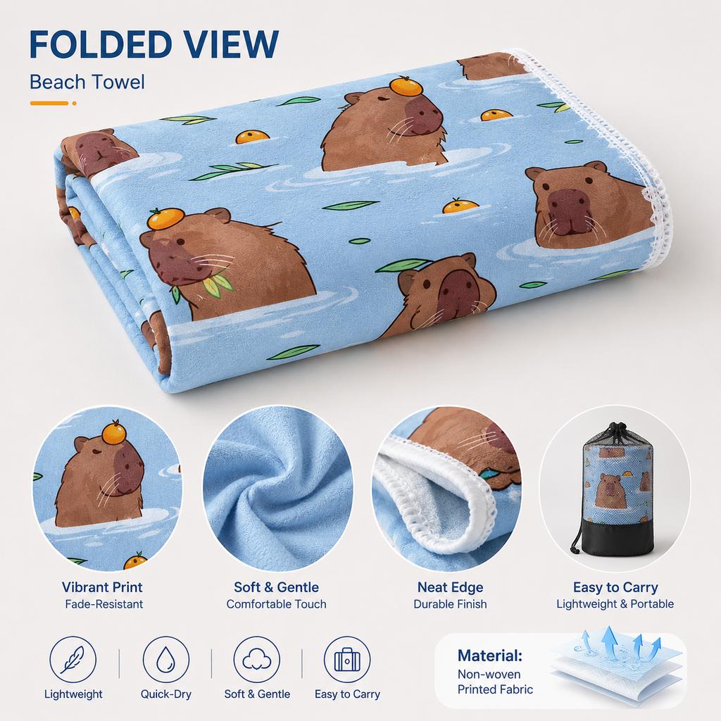 Cute Capybara Beach Towel Flat Print Kawaii Animal with Orange Swimming Pattern for Pool Party Outdoor Travel Decor