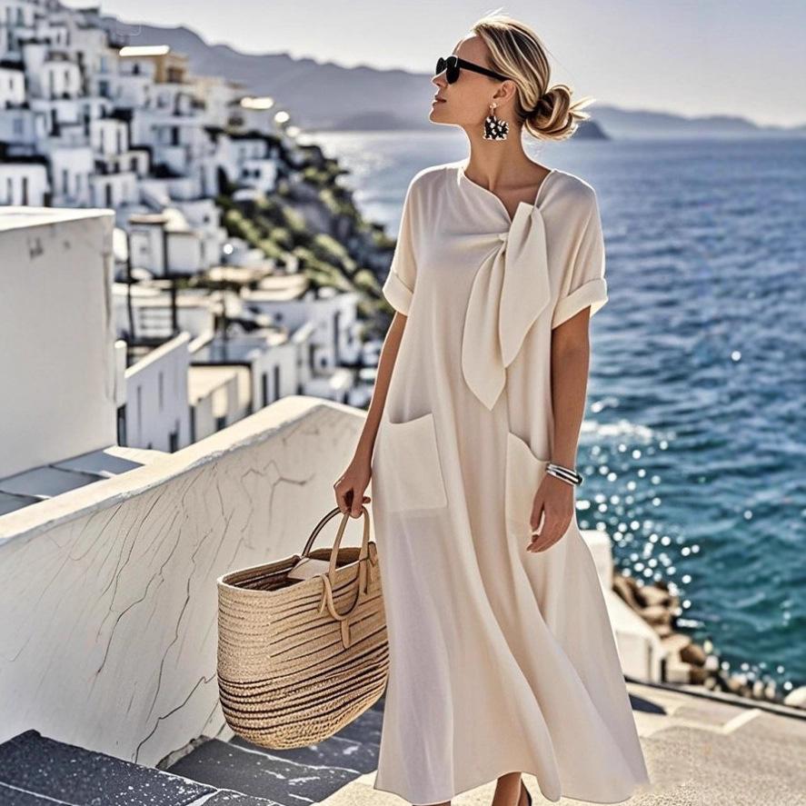 2026 Elegant Bow Pocket Short-Sleeved Loose Long Dress for Spring and Summer