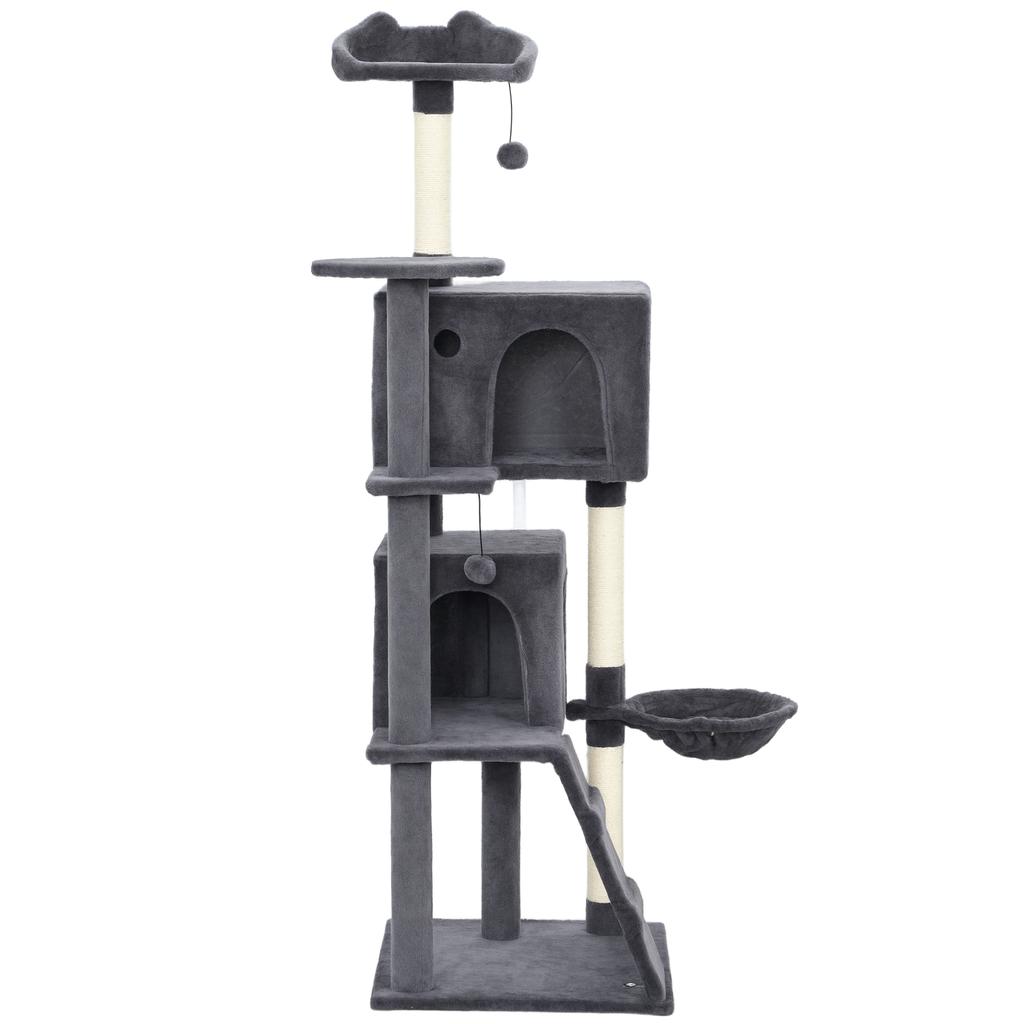 160cm Large Cat Tree Tower with Sisal Scratching Posts, Condos, Plush Perches, Hammock, Ladder, Dark Grey