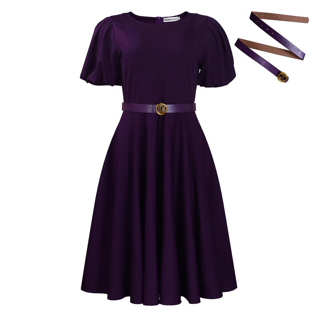 Women's Summer Fashion Bubble Sleeves Elegant High Waist Solid Color Round Neck Large Skirt Dress