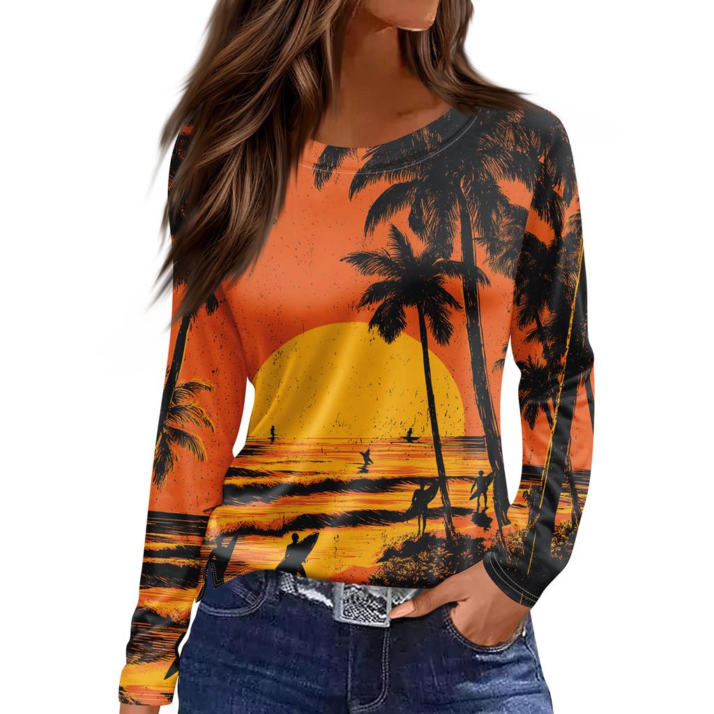 Women's Fashion Hem Slit Casual Retro Floral Print Round Neck Long Sleeve Top