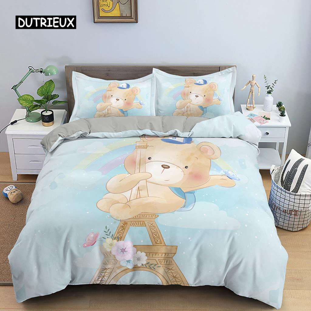 Bettbezug-Set mit Cartoon-Tiermotiv, für Kinder, Löwe, Nilpferd, Giraffe, Muster, Bettwäsche-Set aus Polyester, Einzel-, Zwillings-, Queen-Size- und King-Size-Bettbezug