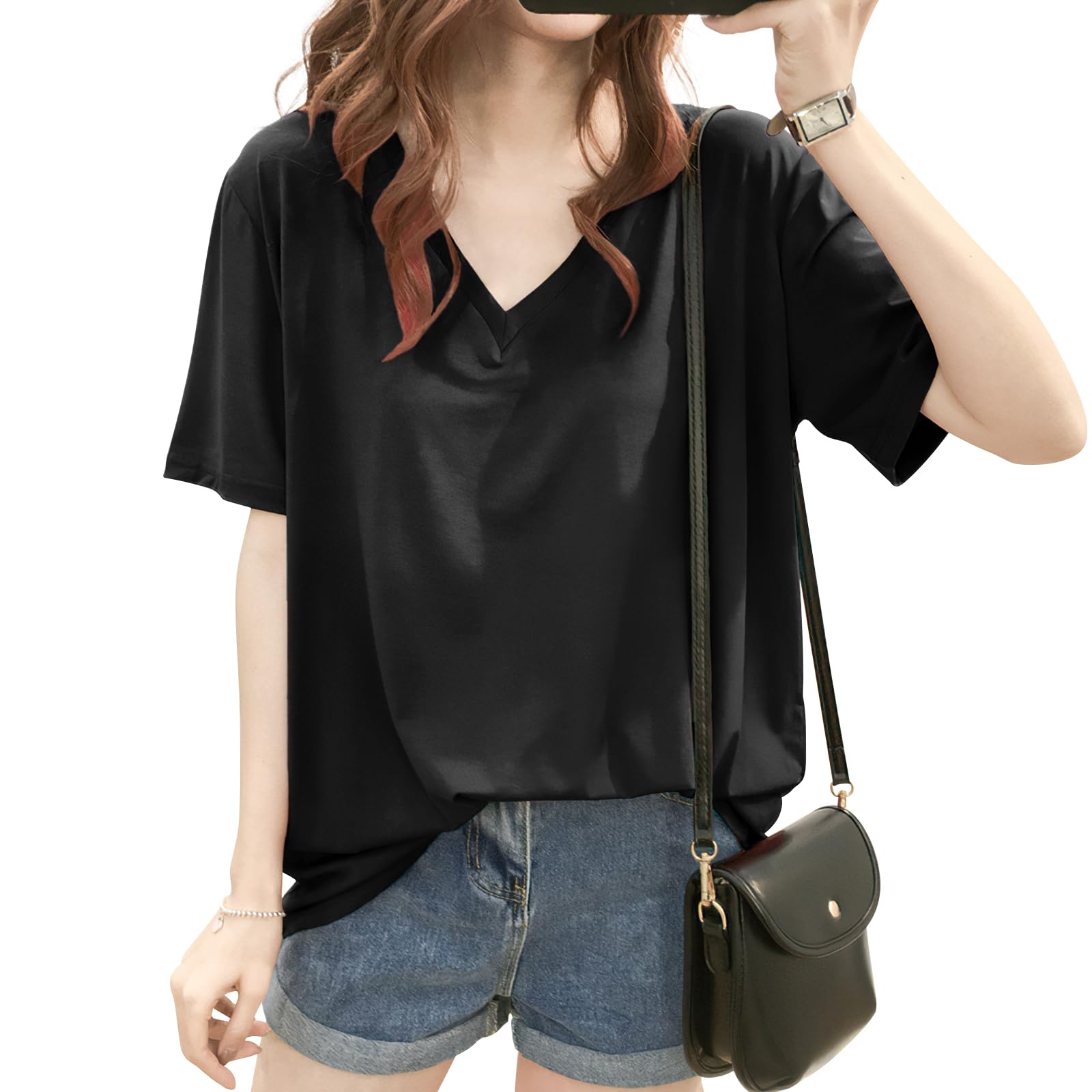 

SLEEPSINERO Short Sleeve Your Upper for a Slimming Loose Summer Cut and Long Sleeve Women s T-Shirt [Hide Body! V-Neck Look] Oversized, Fit, Opaque,