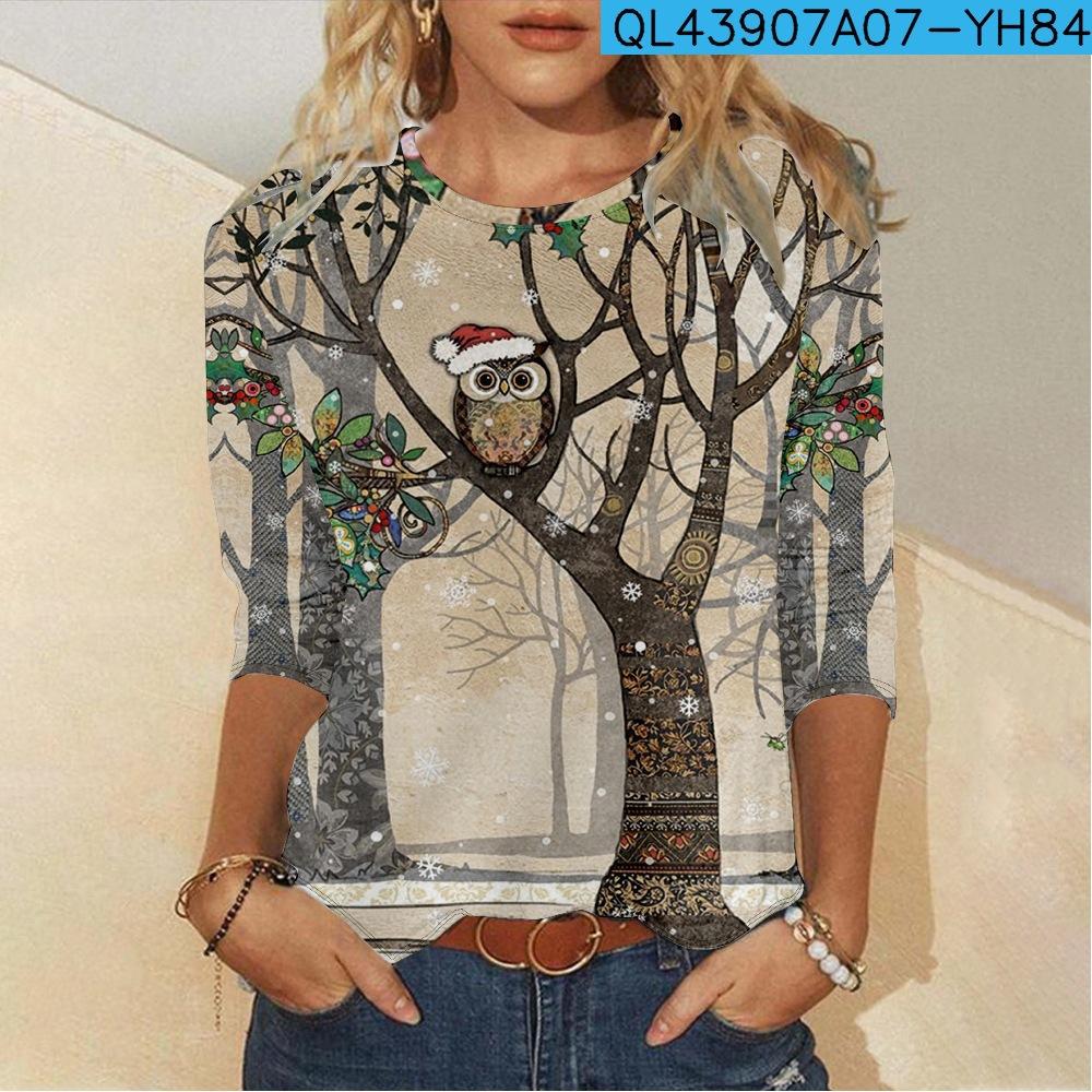 Spring and Autumn Round Neck 3D Christmas Owl  Printed Top Fashionable Casual Long Sleeved Women's T-shirts