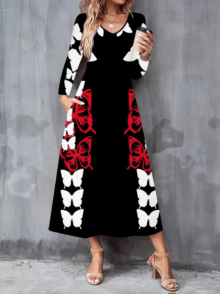 2025 Autumn and Winter New Women Casual Fashion Dress 3D Butterfly Print Long Sleeve V-Neck A-Line Dresses