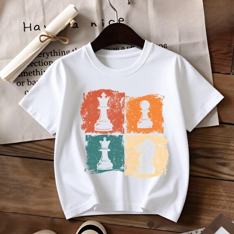 Kids Crew Neck Short Sleeve T-Shirt with Colorful Background & Chess Piece Print 110 белый
