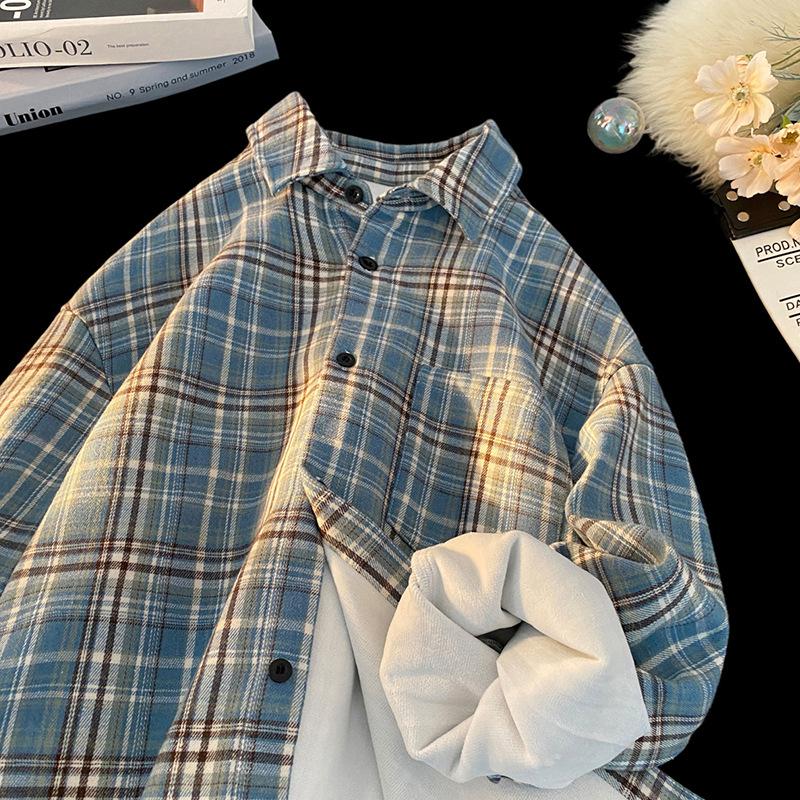 Volná podzimní a zimní americká retro kostkovaná nadměrná velikost klopa plus samet s dlouhým rukávem košilová bunda pánská a dámská topy