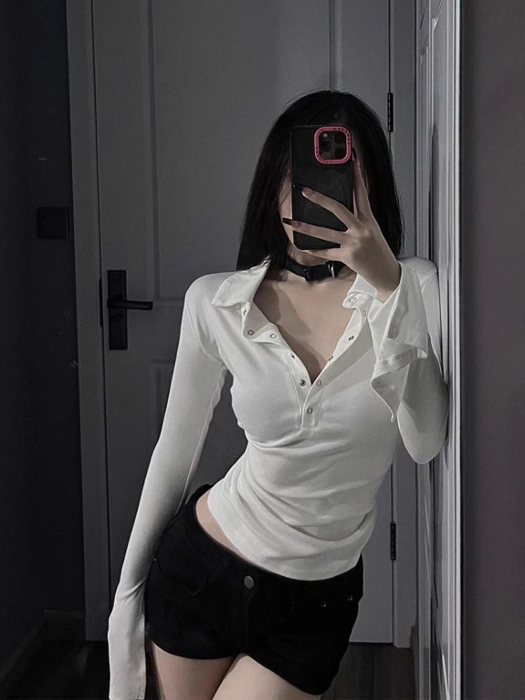 Women's T-shirts Polo Collars Long Style Solid Simple Girls Casual Tees Sexy Lady Party Club Bar Tees Fashion Women Tops