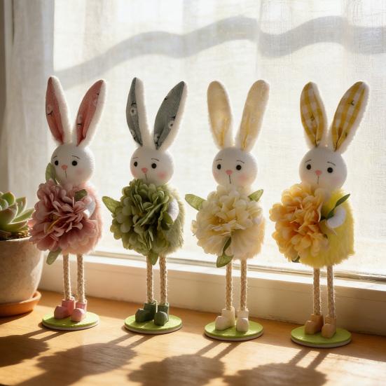 Easter Standing Bunny Doll Cute Fabric Rabbit Figurine with Artificial Flower for Spring Home Shelf Table Decor