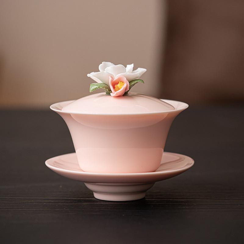 Креативный керамический гайвань с цветами ручной лепки, ручной работы, из замшевого нефрита, чайница, чашка, бытовая чайная пиала, китайская чайная посуда 10.2x9.1cm  110ml