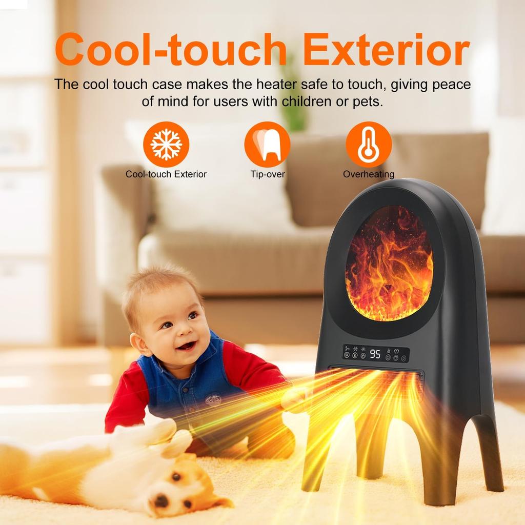 24' Portable Space Heater 1500W with 3D Flame, Remote, Thermostat, ECO Mode, Tip-Over & Overheat Protection