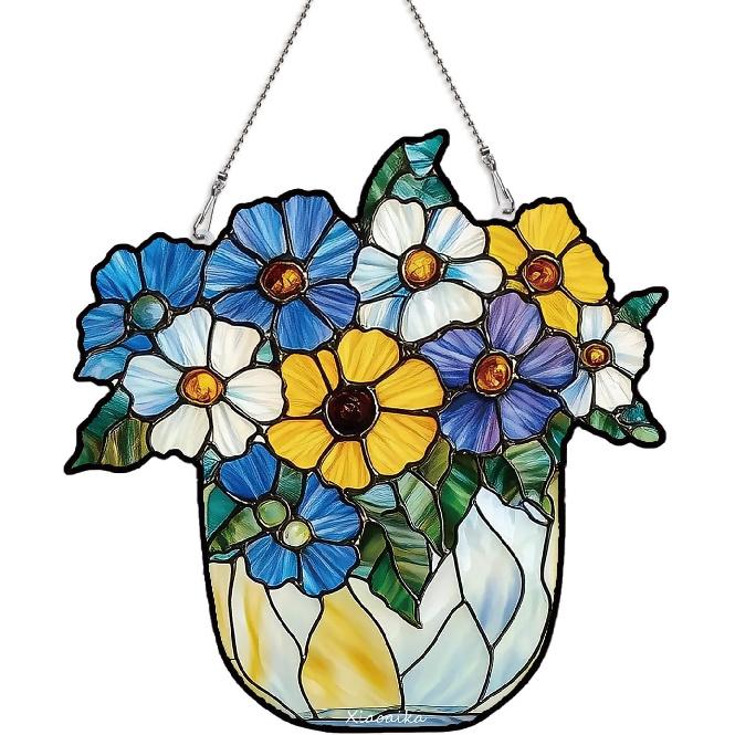 Acrylic Stained Glass Style Blue Moon Cat Window Hanging, Lightweight Faux Stained Glass Suncatcher for Home Decor, Cat Wall Decoration, Ideal for Blue Flower Basket