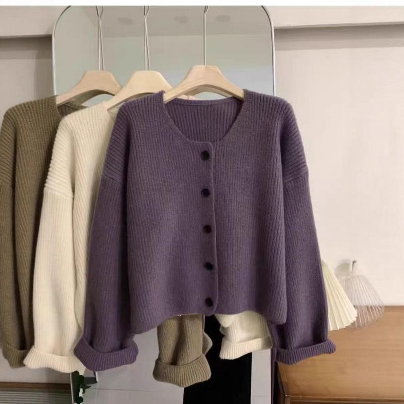 Crew neck casual sweater women's cardigan spring and autumn new lazy wind long-sleeved knitted sweater high-end top