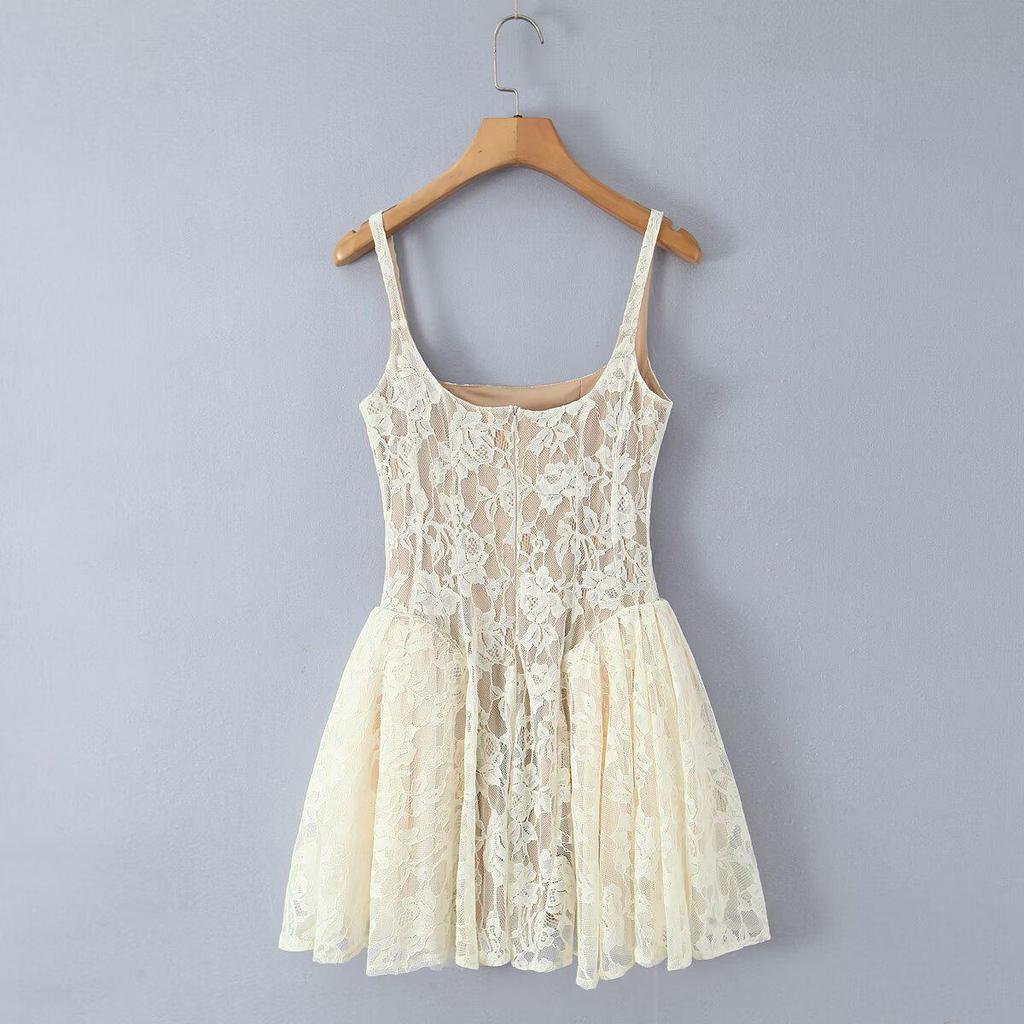 Elegant 2026 Sweet Lace Knit Camisole Dress with Retro Square Neck & Backless Design