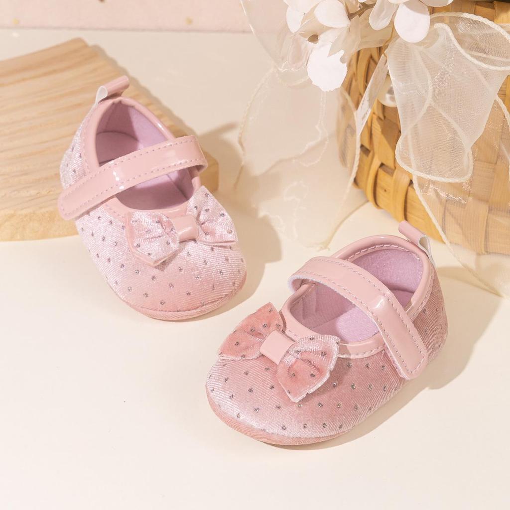 2025 Girls' Velvet Bow Princess Walker Shoes - Soft Sole, Korean Style