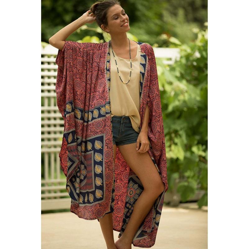 Womens Lightweight Quick-Dry Kimono-Style Cover-Up Dress With Print Beach Vacation Swimwear 5D129