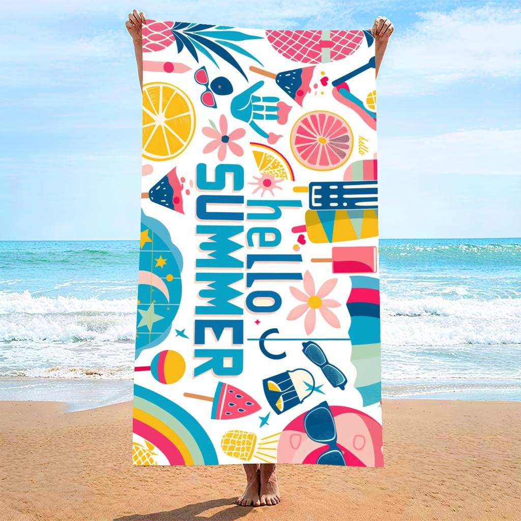 1pc Personalized Hello Summer Beach Towel Custom Name Microfiber Quick Dry Absorbent Tropical Leaf Towel for Beach Pool Vacation
